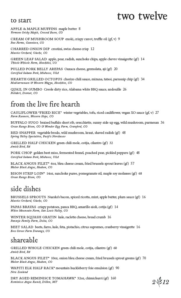 Two Twelve menu