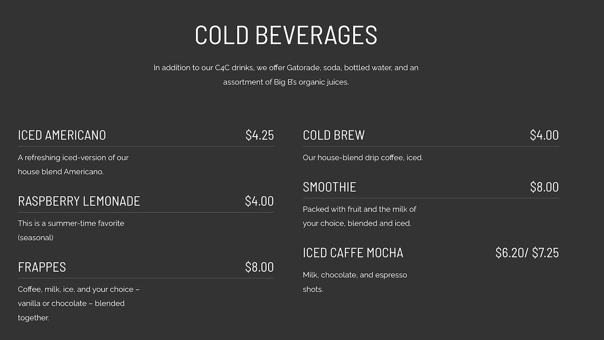 Camp 4 Coffee CB South menu
