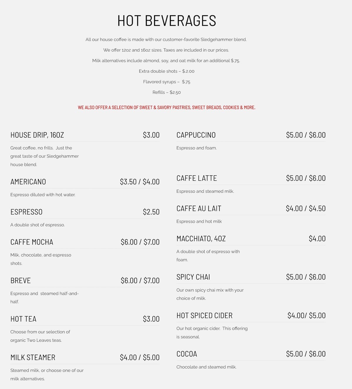 Camp 4 Coffee CB South menu