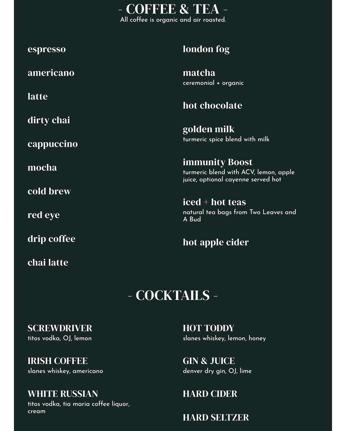 Daily Dose menu