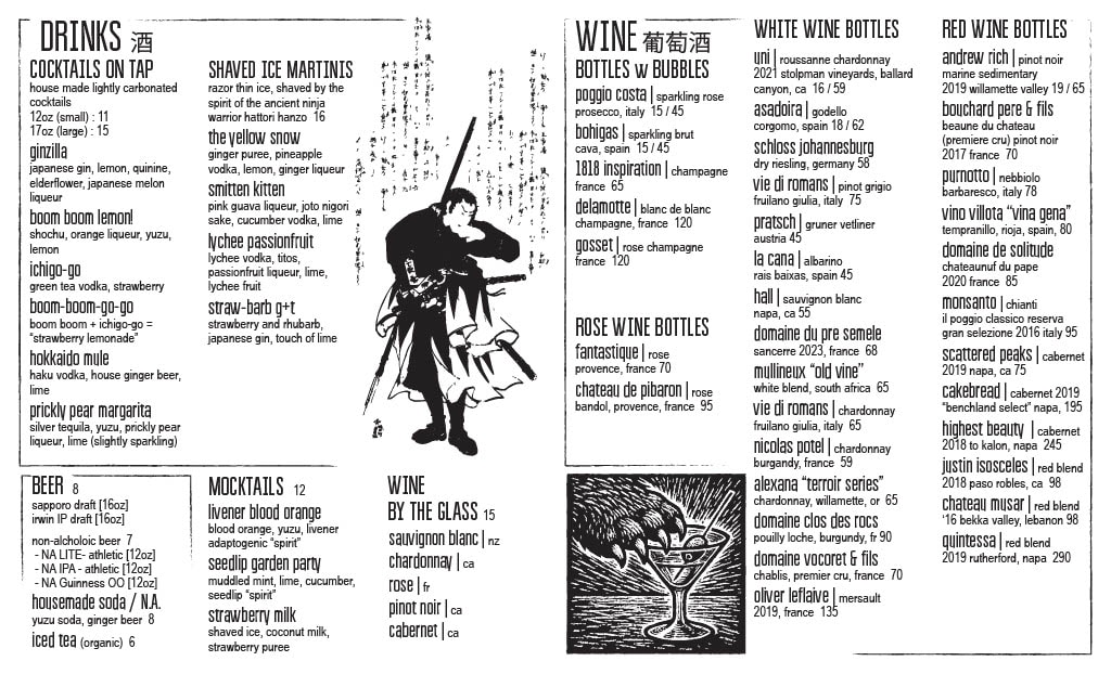 Izakaya Cabin menu