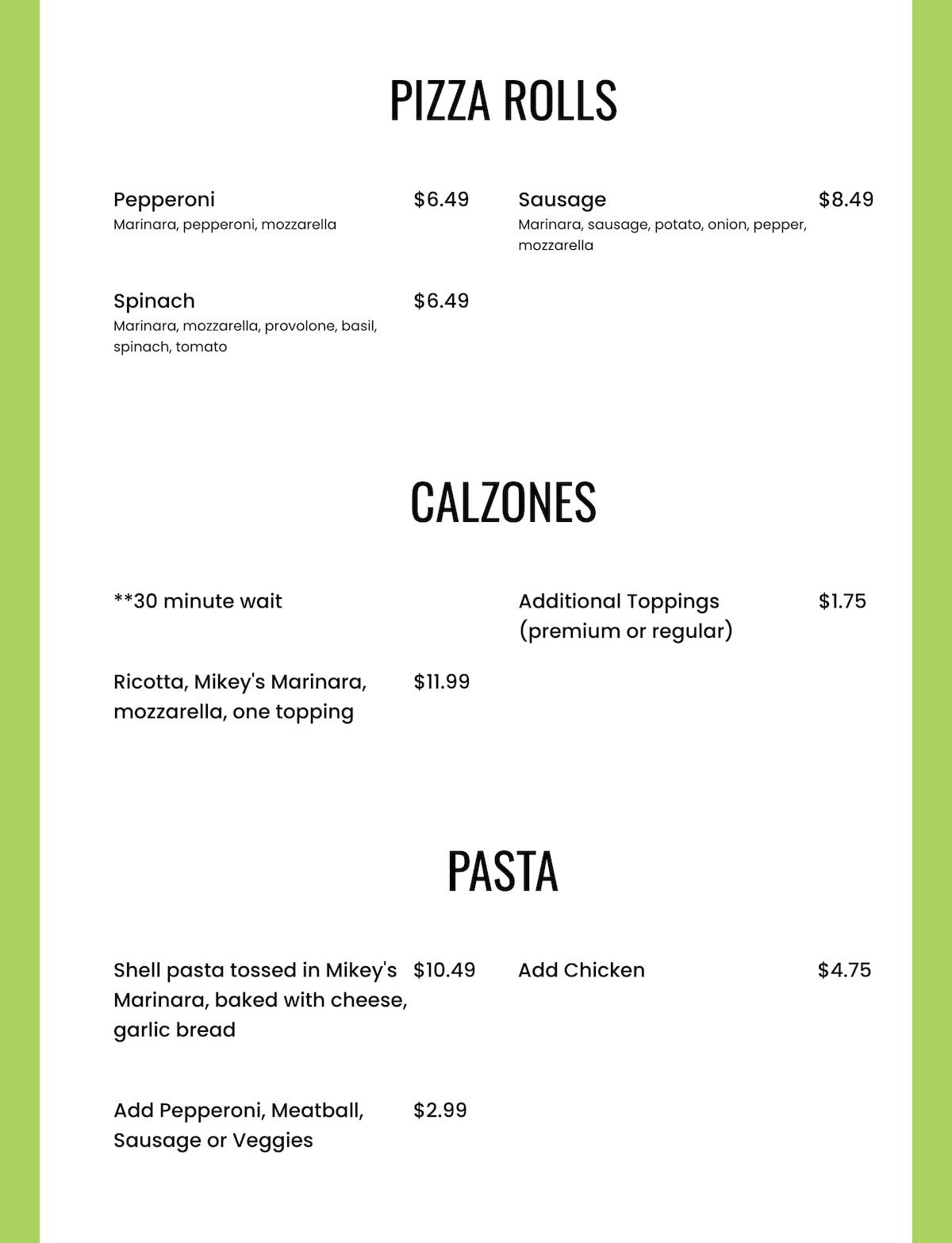 Mikey’s Pizza menu