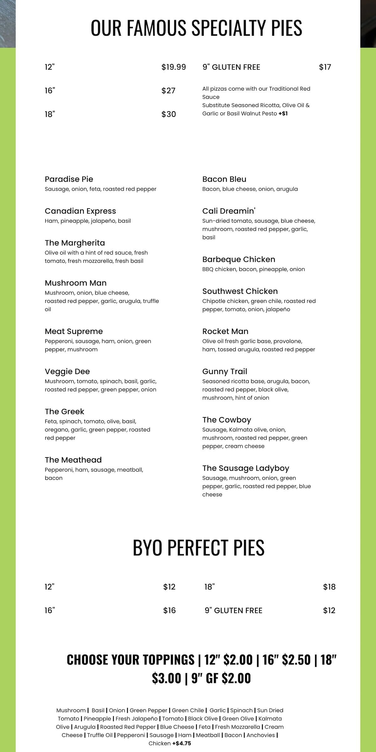 Mikey’s Pizza menu