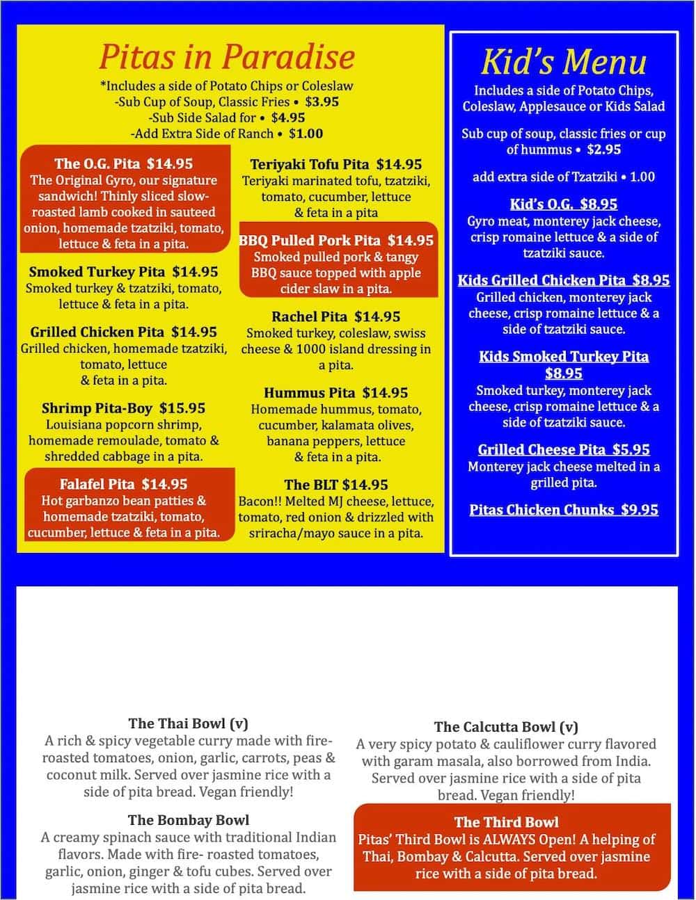 Pitas in Paradise menu