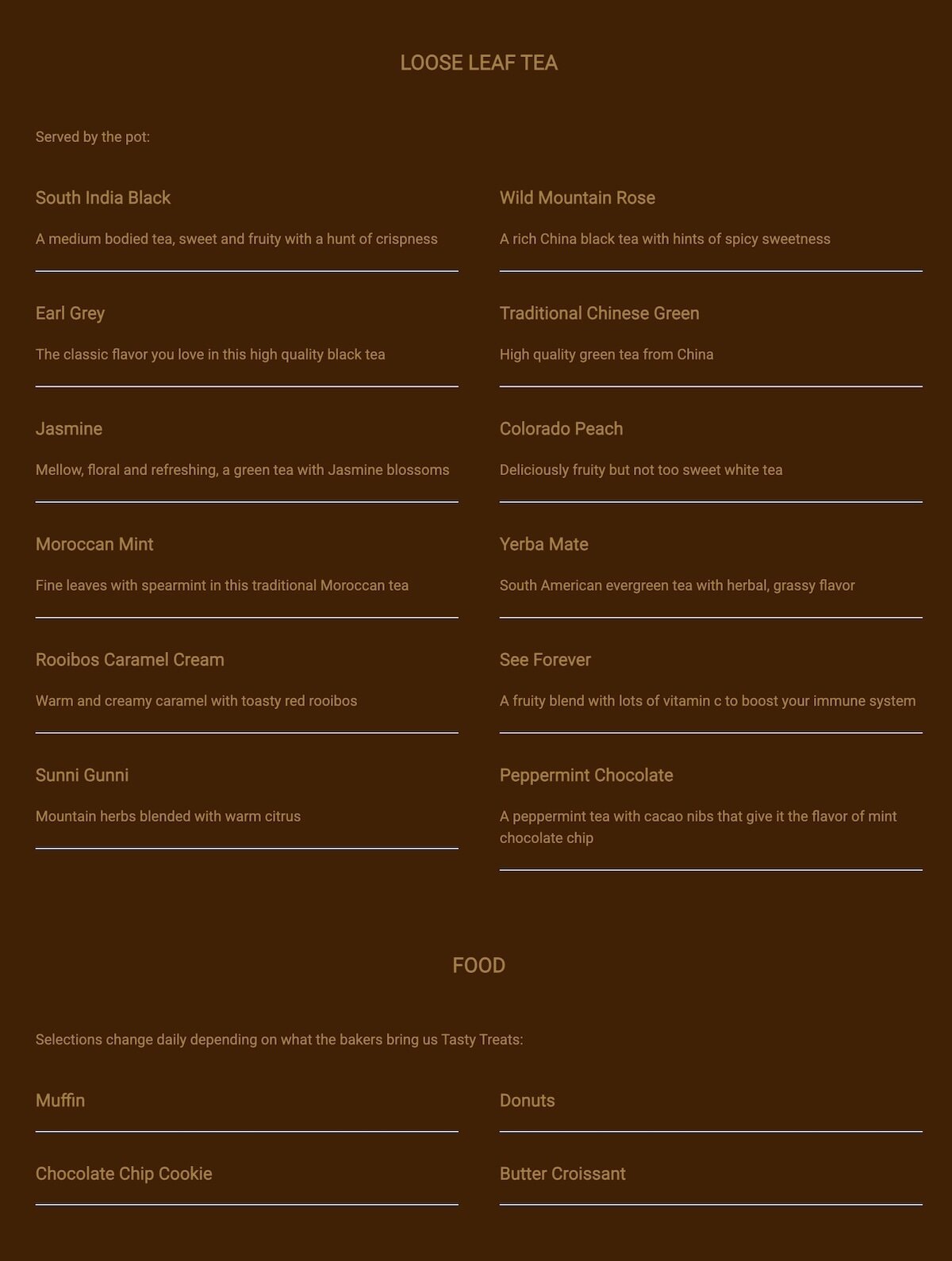 Rumors Coffee & Tea House menu