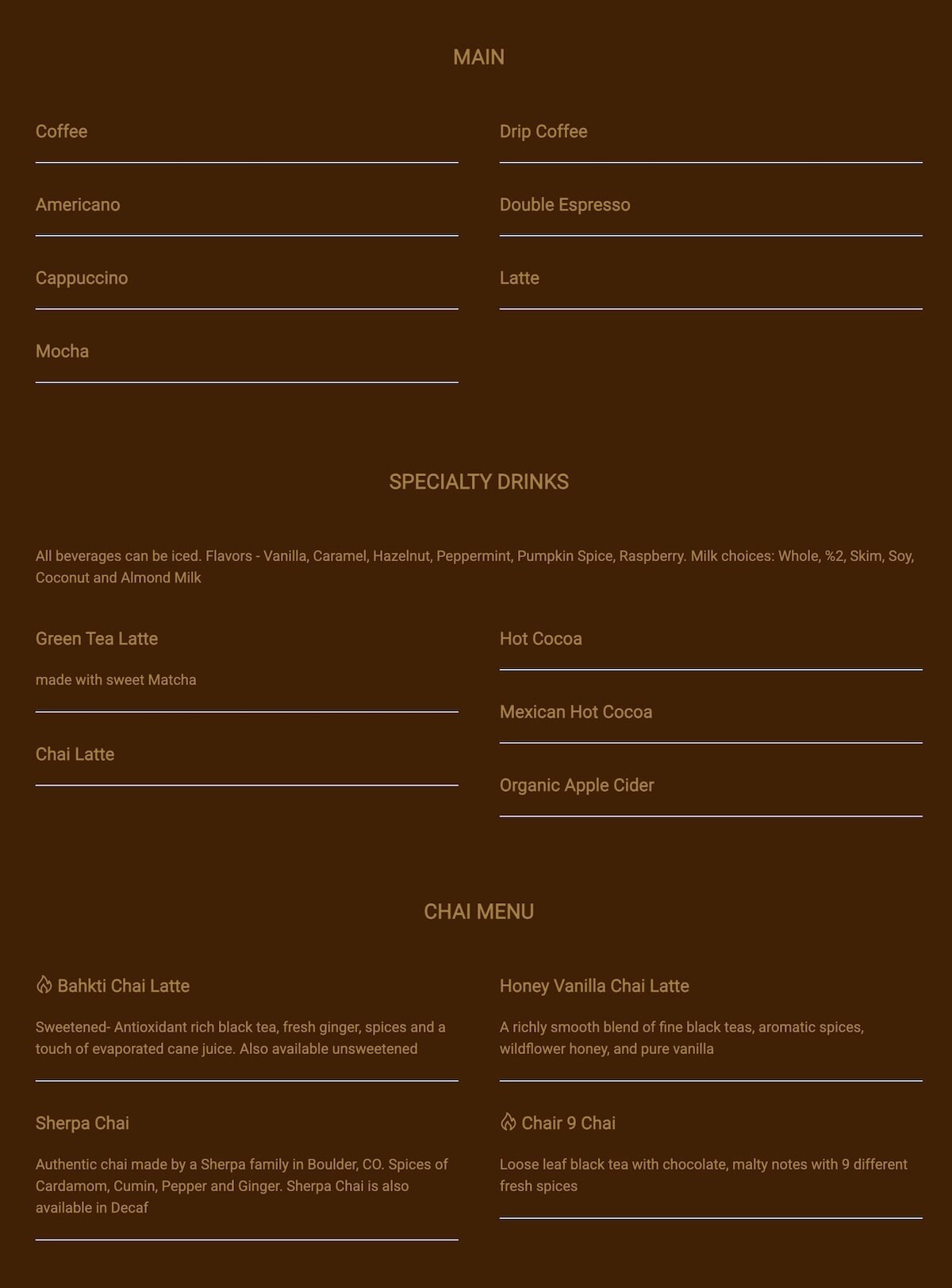 Rumors Coffee & Tea House menu