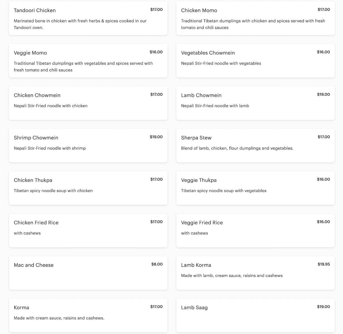 Sherpa Cafe menu