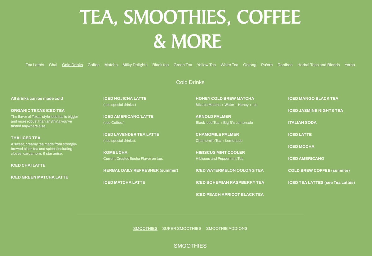 T-Bar International Tea House menu