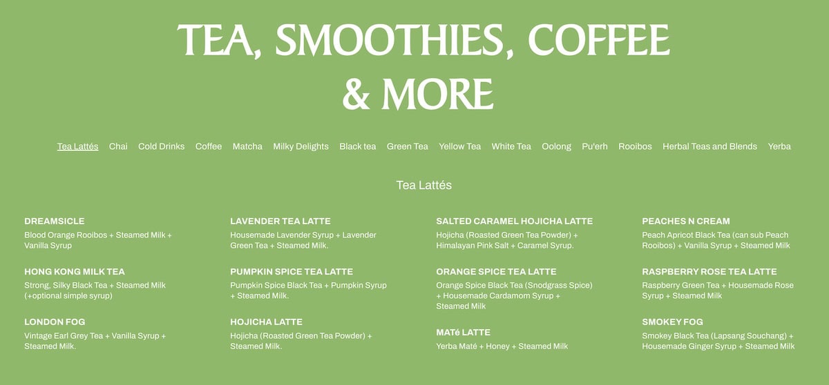 T-Bar International Tea House menu