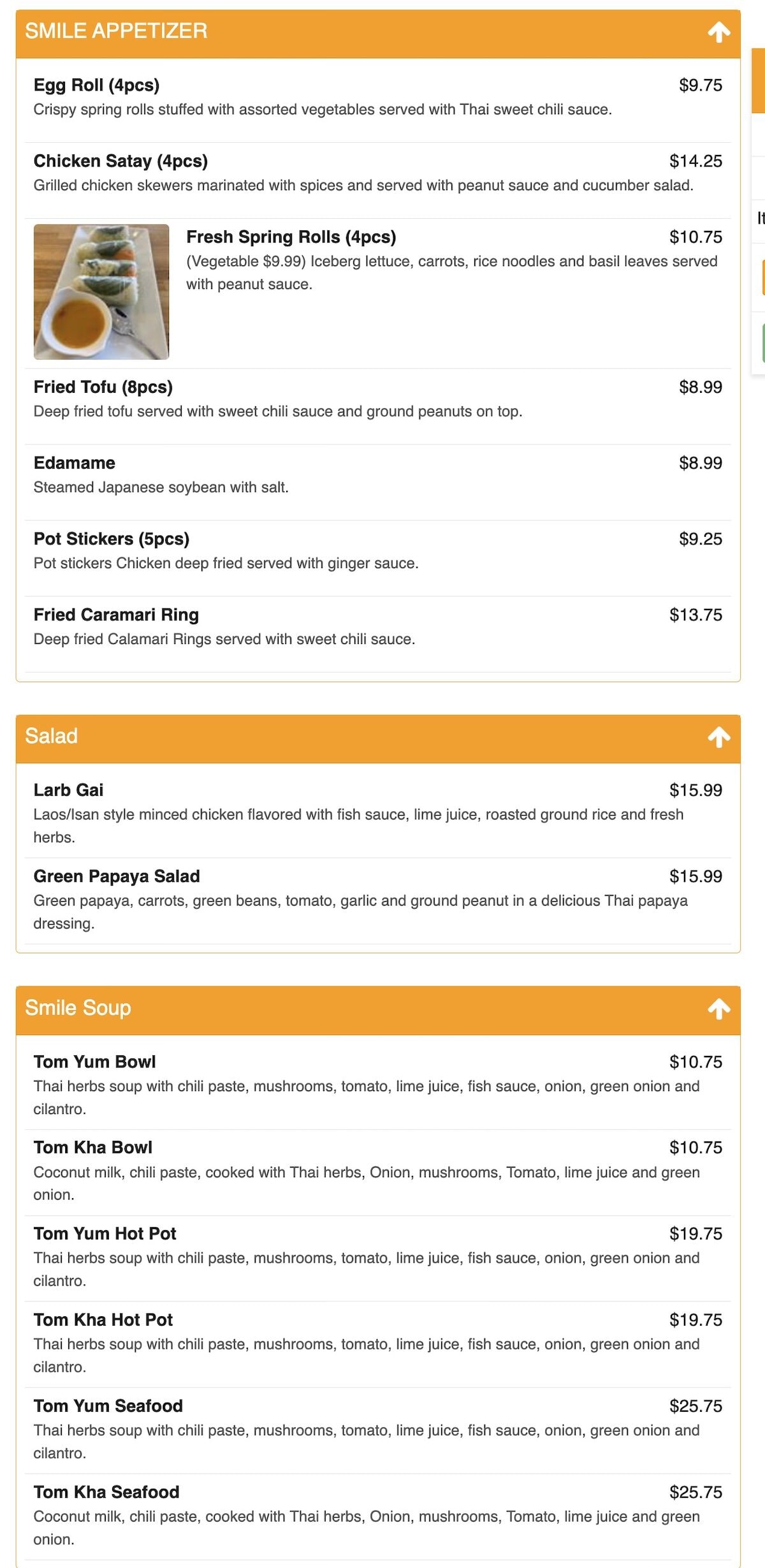 Thai Smile menu