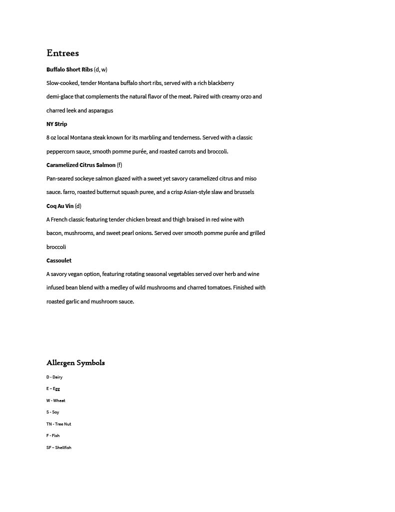 Uley’s Cabin and Ice Bar menu