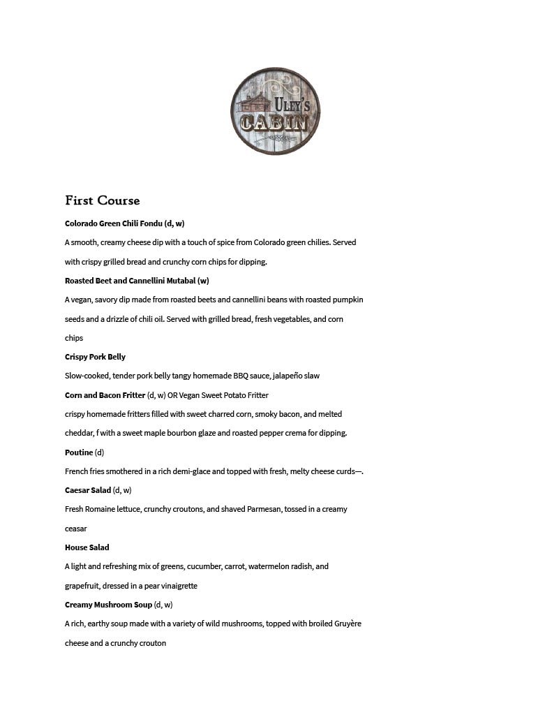 Uley’s Cabin and Ice Bar menu