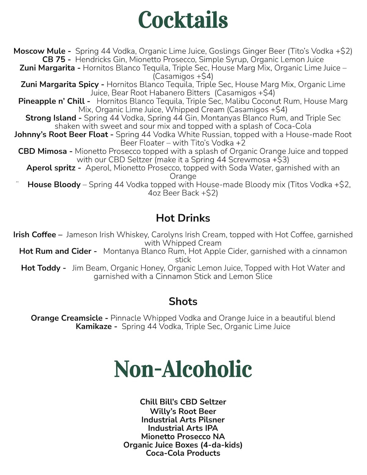 Zuni West Brewing menu