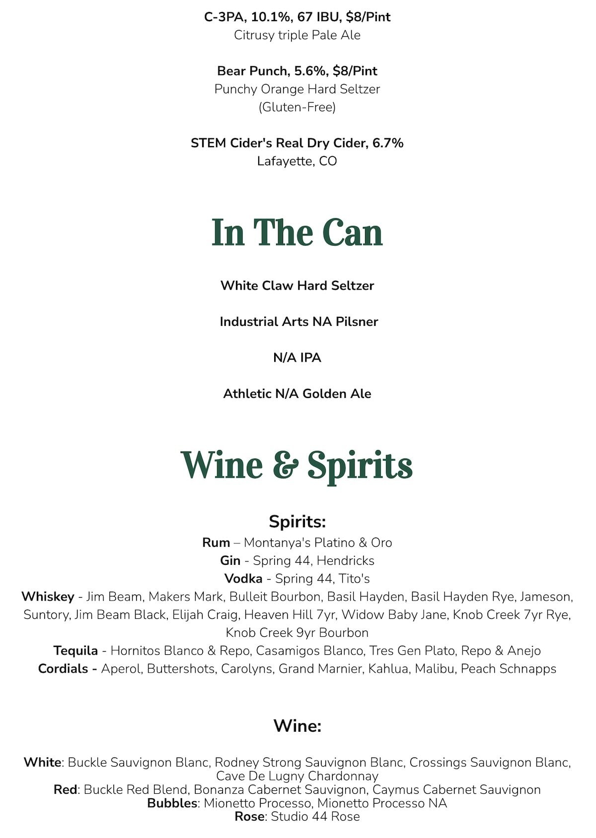 Zuni West Brewing menu