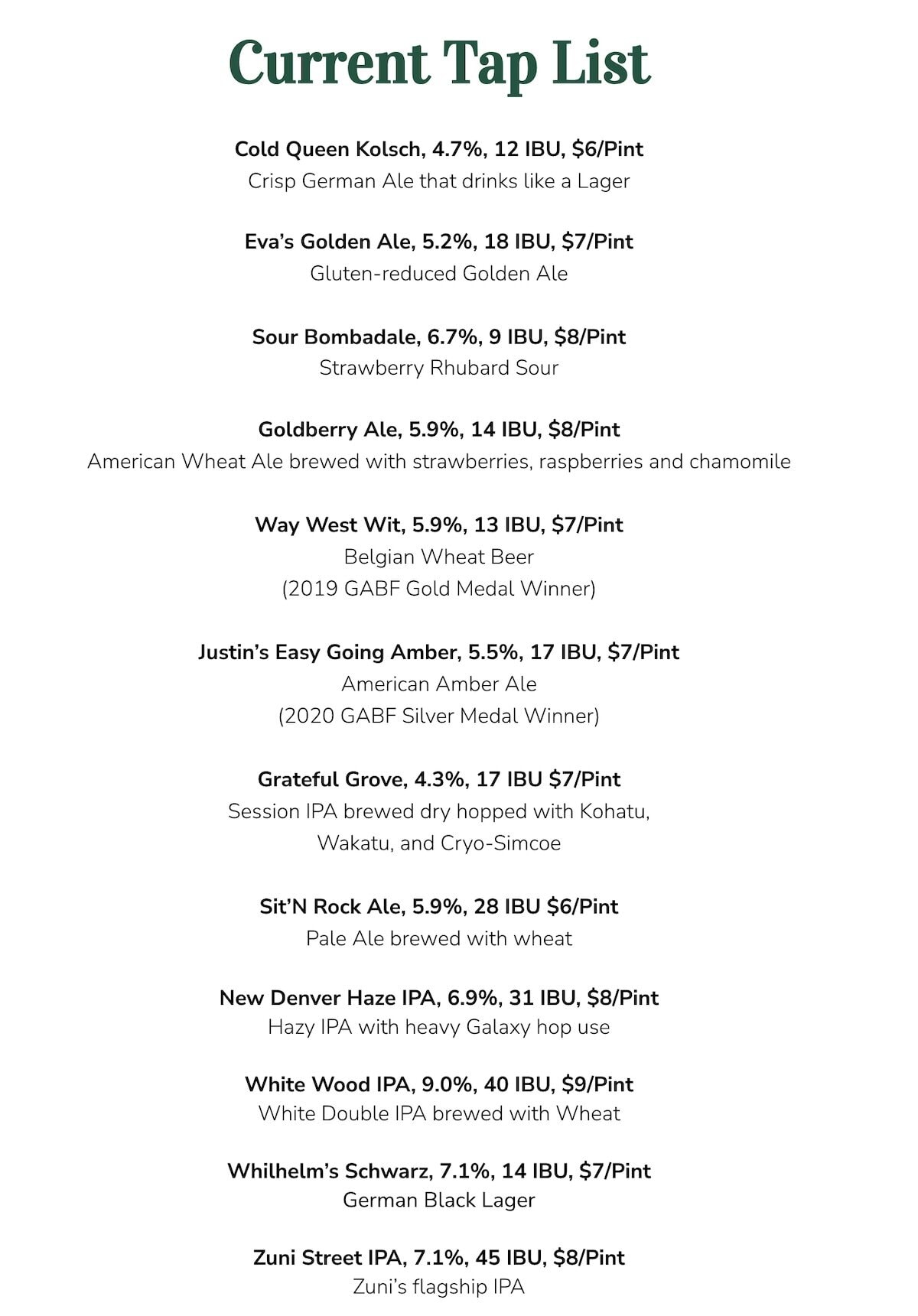 Zuni West Brewing menu