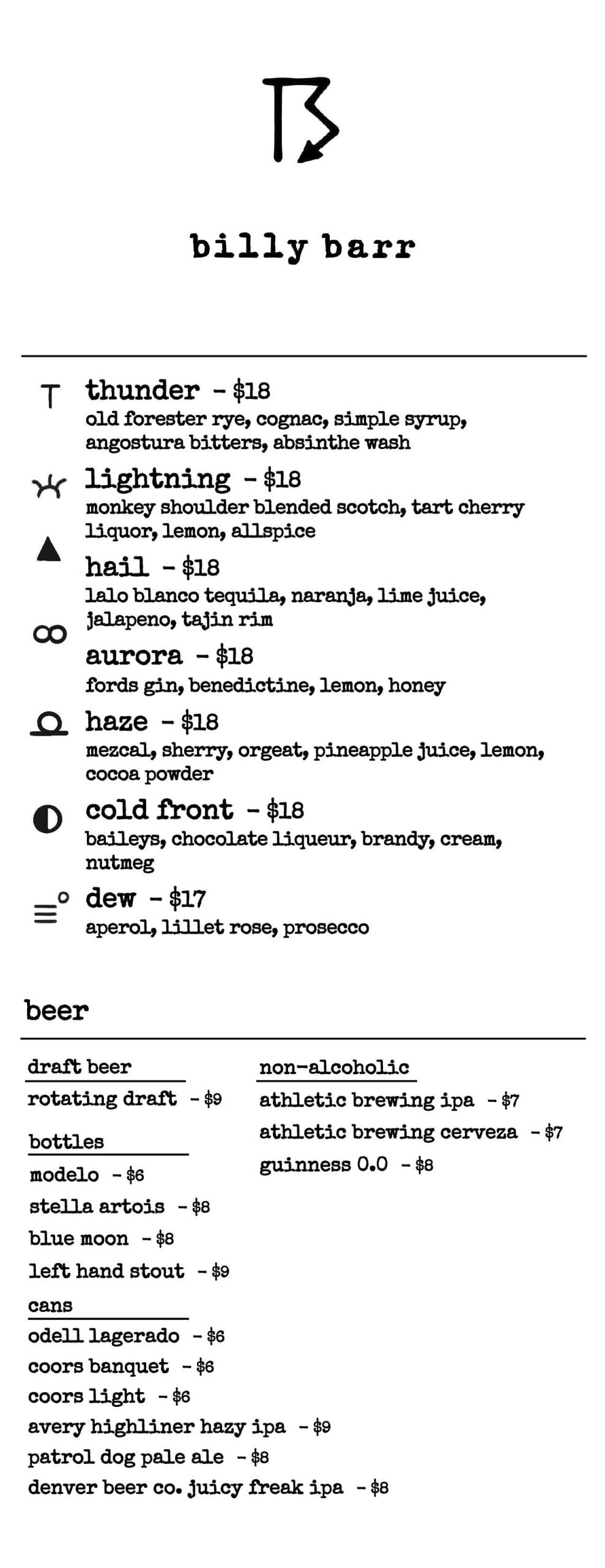 billy barr @ Elevation menu