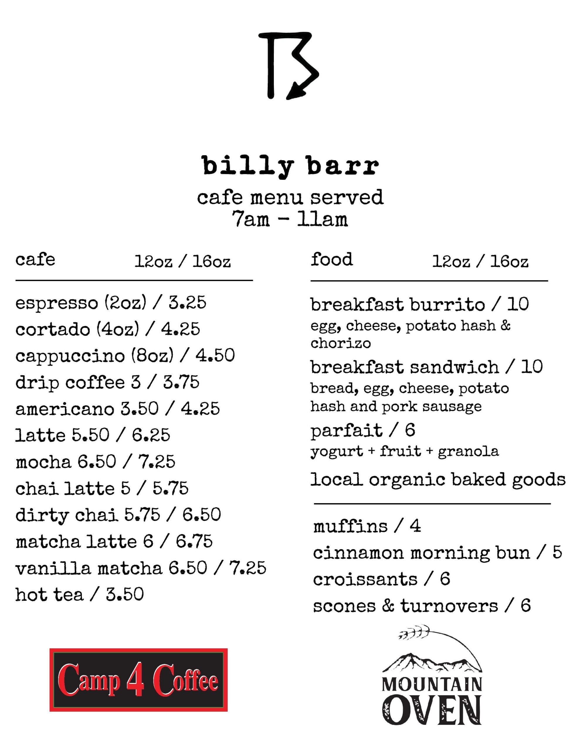billy barr @ Elevation menu