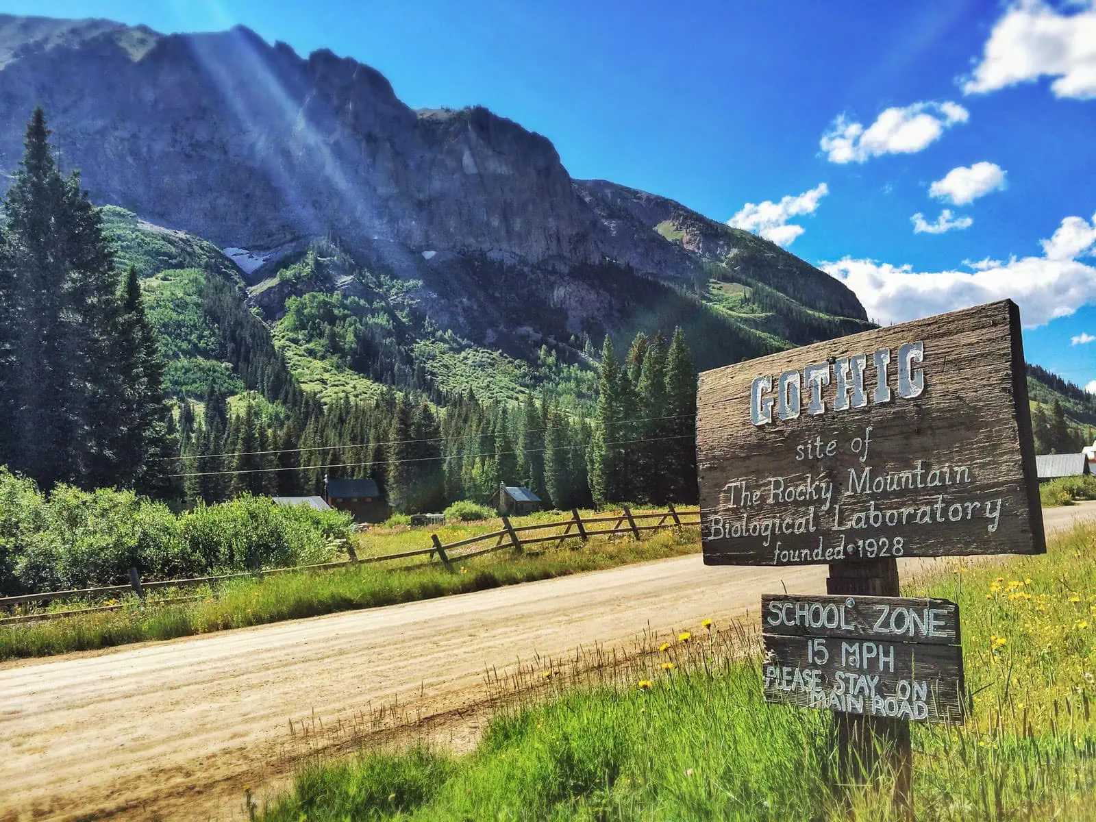 The road through Gothic, past the RMBL sign