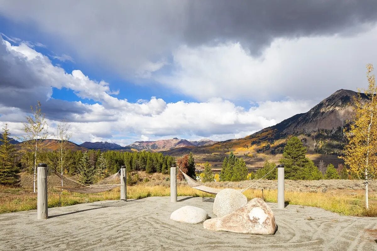 Hammock and sandy Zen garden with views of Mt. Crested Butte and fall foliage