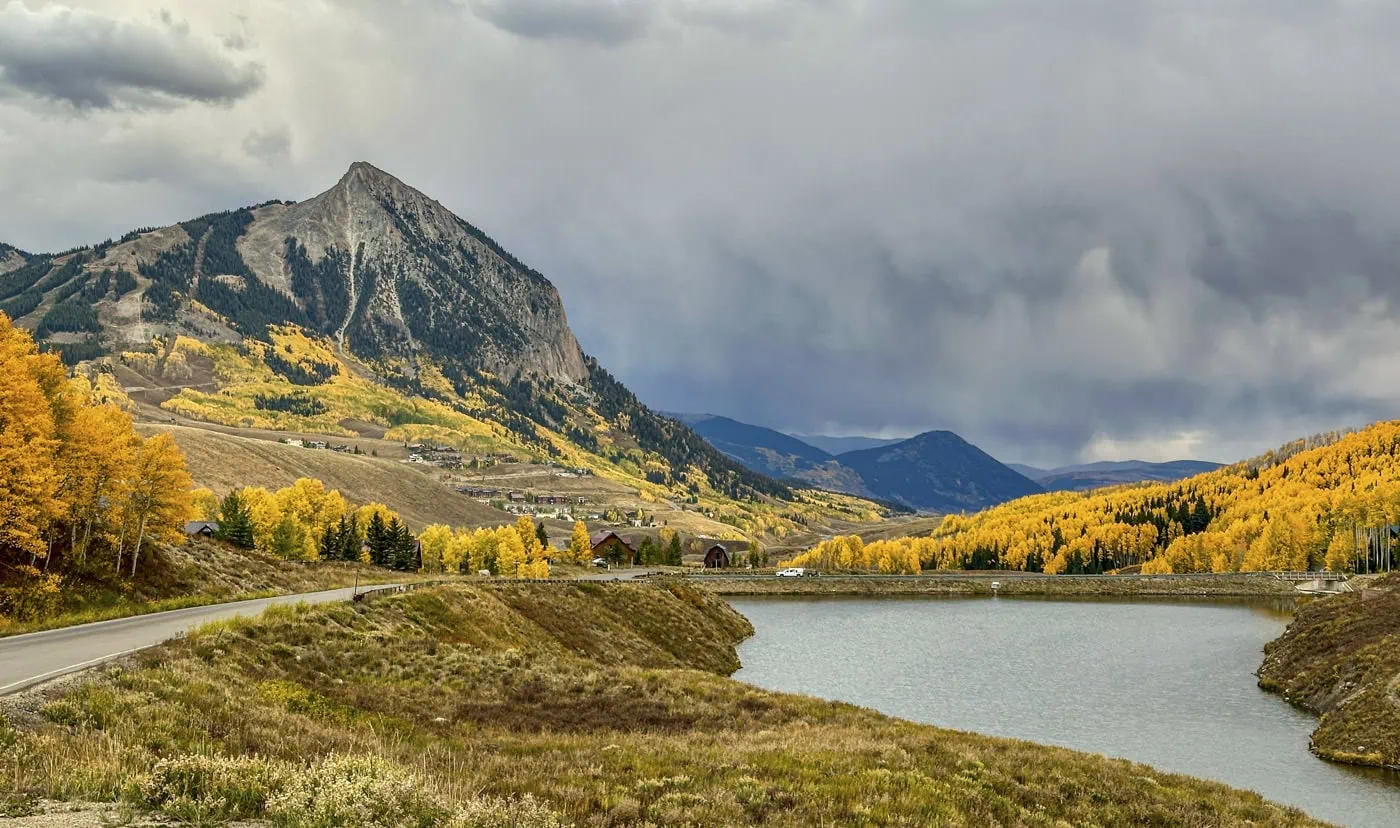 Crossing the dam, Mt. Crested Butte across the water