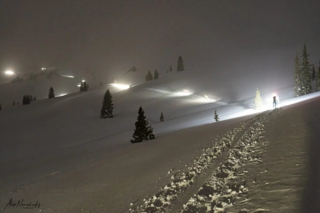 Grand Traverse headlamps heading up Brush Creek, photo courtesy Crested Butte Nordic